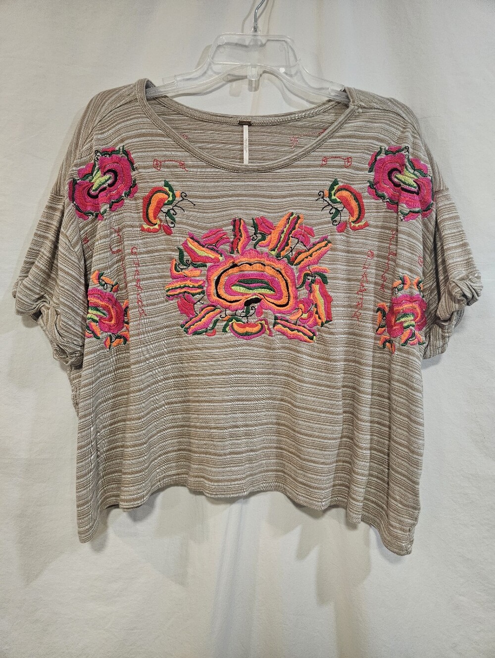 Free People Taupe Striped Crop Top with Neon Pink Embroidery
